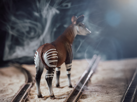 Eine Okapi-Figur steht zwischen Gleisen auf Sand. Aus dem Hintergrund kommt Rauch.