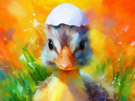 Ein niedliches Küken mit einem zerbrochenen Ei auf dem Kopf schwimmt im Wasser, umgeben von buntem Gras und einem leuchtend orangefarbenen Himmel.