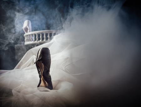 Ein schwarzer Ballettschuh steht auf weißem Tüll. Das Bild ist voller Rauch. © Anna Kolata