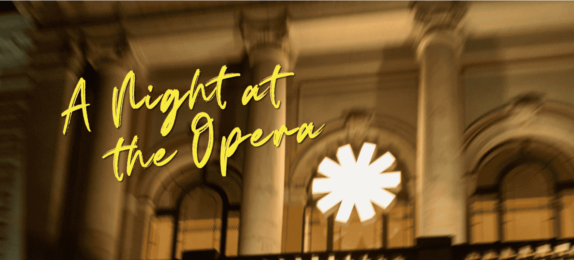 Menschen strömen in die Oper bei Nacht. Aufschrift: "A Night at the Opera"