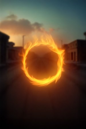 Leuchtender, flammender Ring schwebt über einer leeren Straße bei Sonnenuntergang; Gebäude sind unscharf im Hintergrund zu sehen.