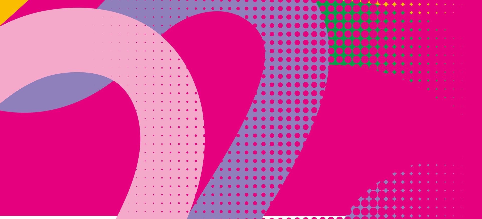 Buntes, abstraktes Pop-Art-Design mit geschwungenen Formen und Punktmustern in Pink, Lila, Orange, Grün und Gelb auf weißem Hintergrund.