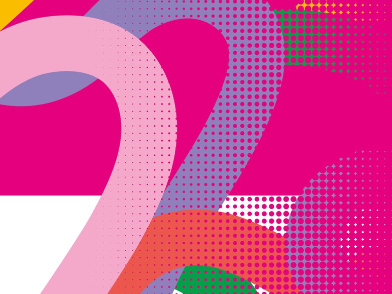 Buntes, abstraktes Pop-Art-Design mit geschwungenen Formen und Punktmustern in Pink, Lila, Orange, Grün und Gelb auf weißem Hintergrund.