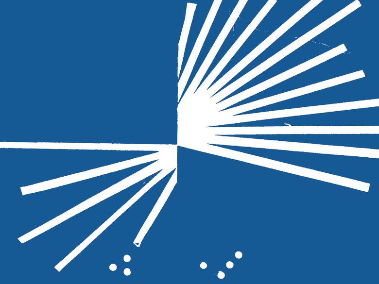 Abstraktes weißes Strahlenmuster auf blauem Hintergrund, ergänzt durch weiße Braille-Punkte oben rechts und unten mittig.