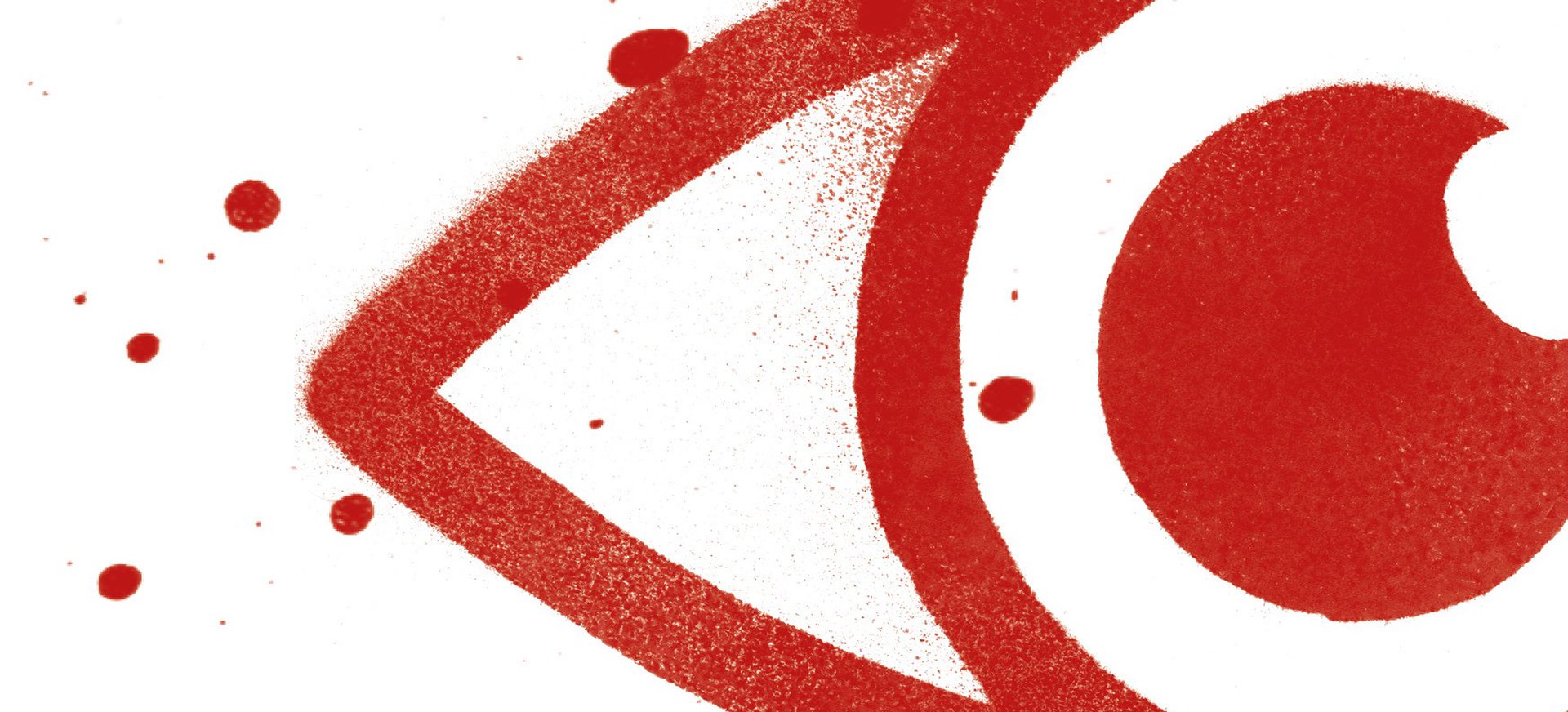 Ein rotes gespraytes Auge auf weißem Hintergrund mit Farbspritzern