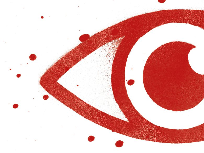 Ein rotes gespraytes Auge auf weißem Hintergrund mit Farbspritzern