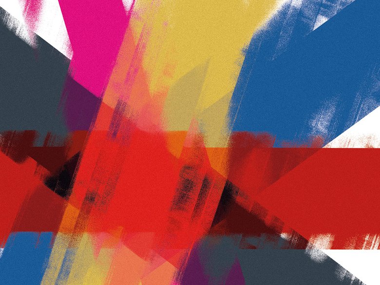 Fünf verwischte Balken in den Farben Gelb (für Oper und Ballett), Rot (Neues Theater), Magenta (Thalia Theater), Blau (Staatskapelle) und Dunkelgrau (Puppentheater) kreuzen sich sternartig und erinnern an das Logo der Bühnen Halle.